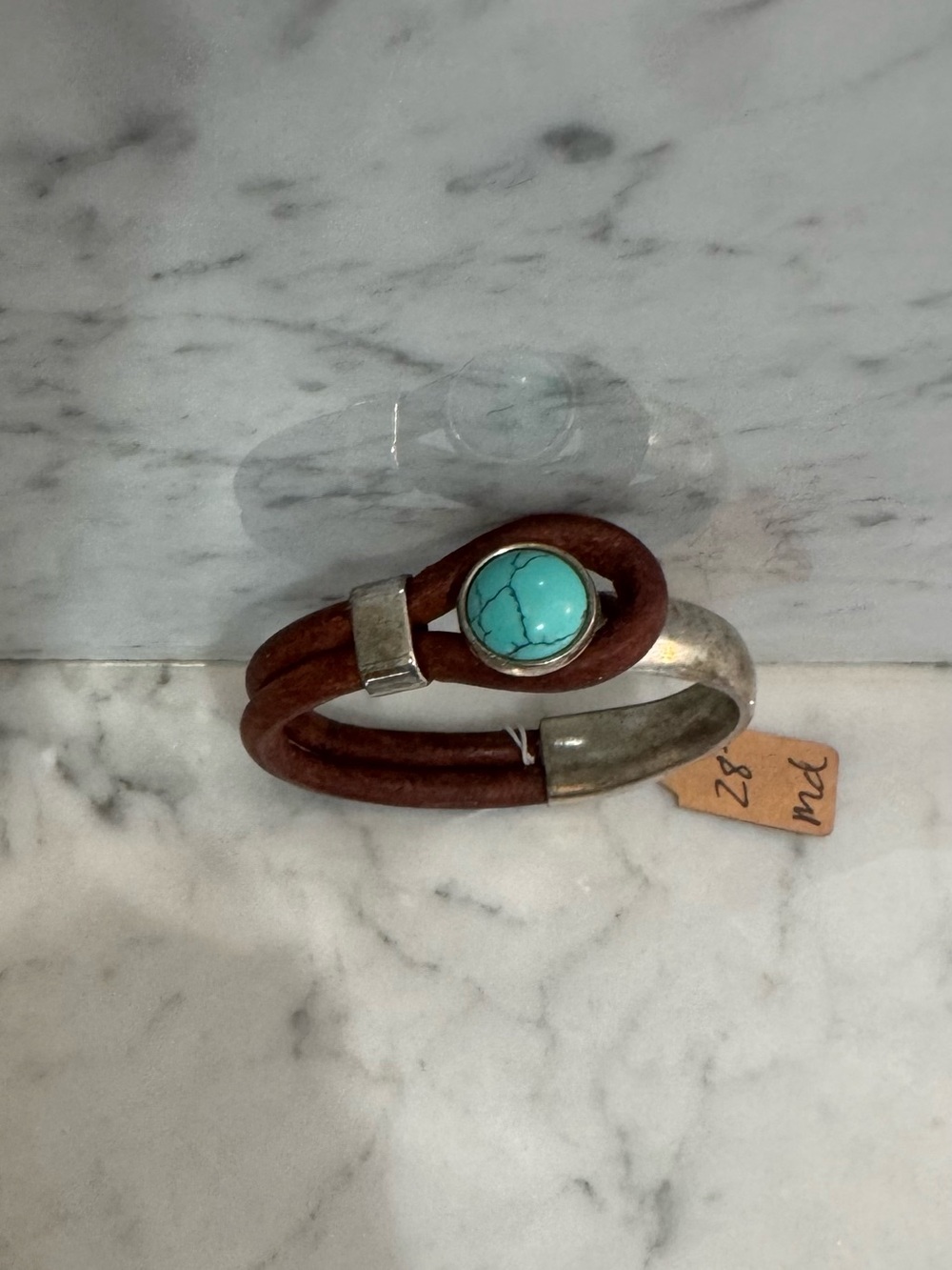 Source Unknown Brown Leather Bracelet with Turquoise Stone and Silver Accents
